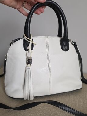 Tignanello White and Black Leather Dome Satchel with Tassel